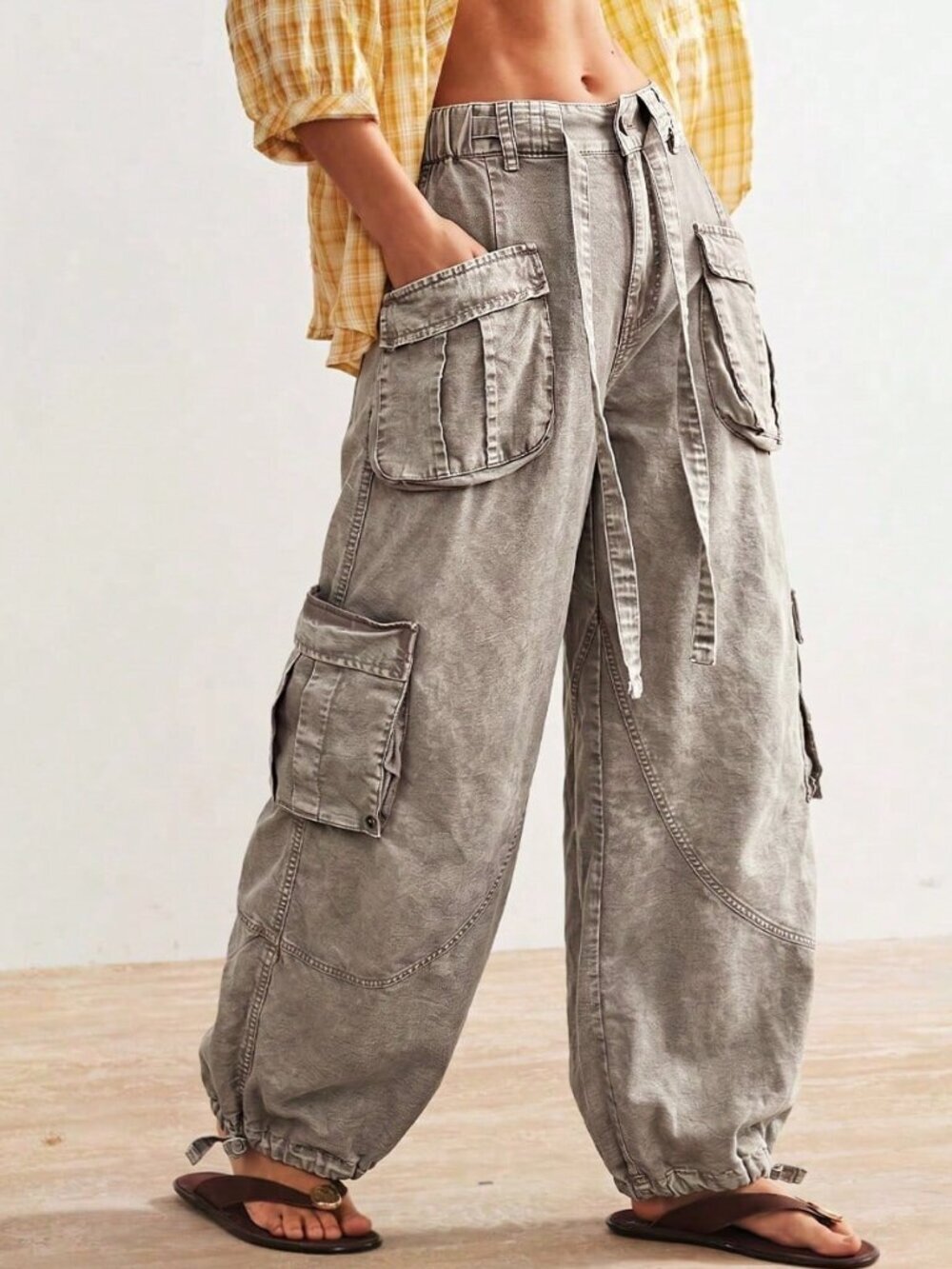 Apricot Casual Women's Woven Loose Cuffed Low Waist Loose Long Pants - Picture 8 of 10